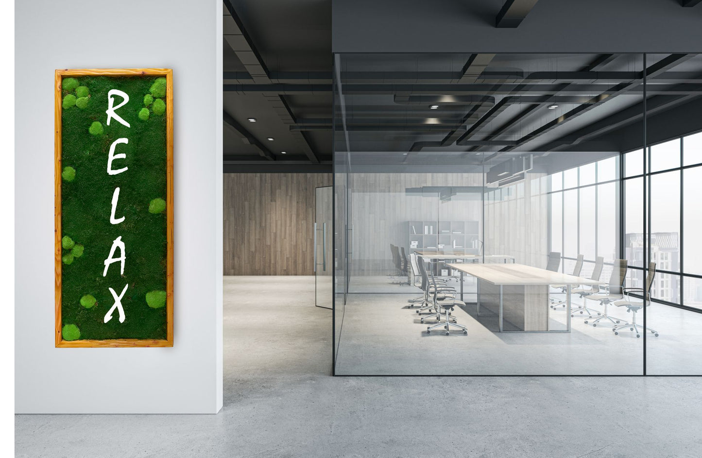 Moosbild hochkant 60x200cm inkl. weißes Acrylglas Logo "Relax"