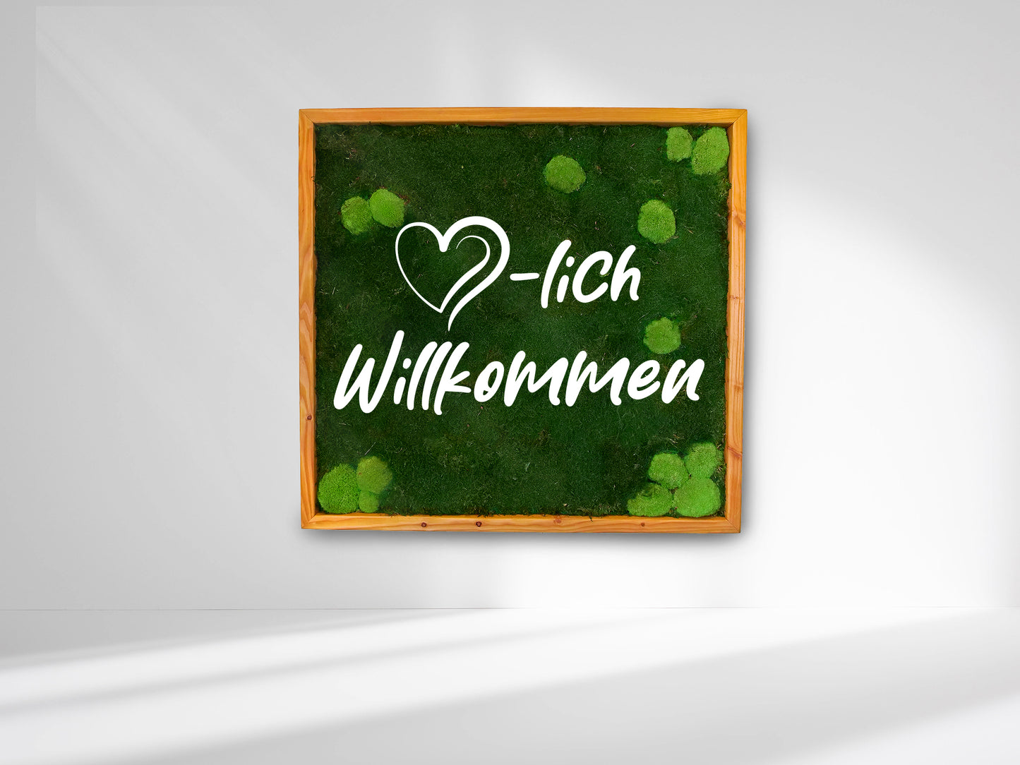 Moosbild quadratisch inkl. weißes Acrylglas Logo "herzlich willkommen"