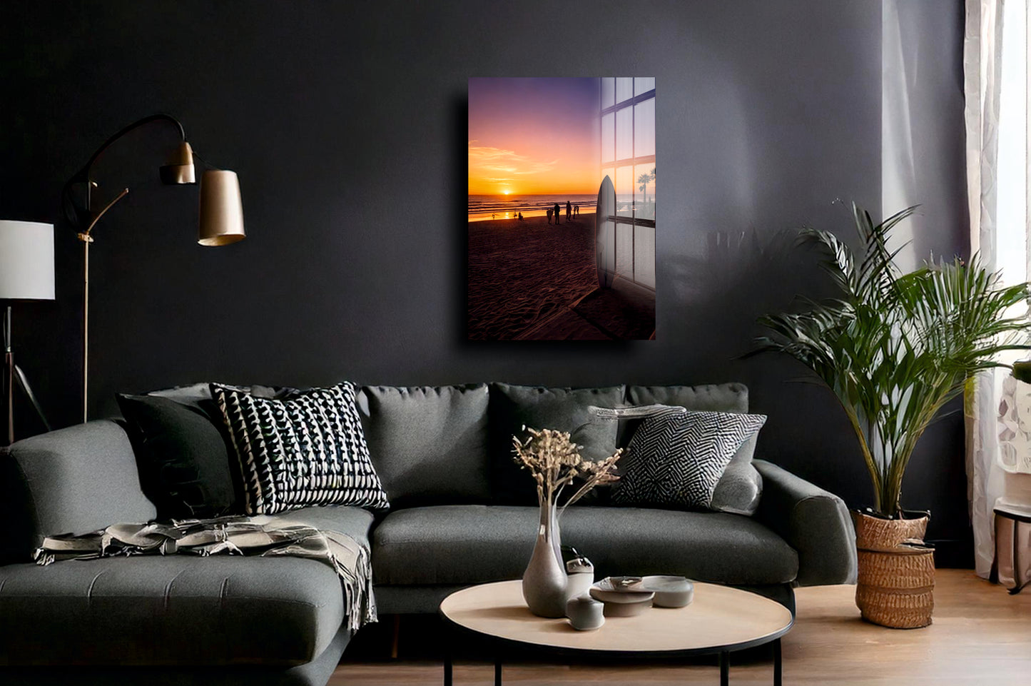 Acrylglas Wandbild - Surfbrett im Sonnenuntergang